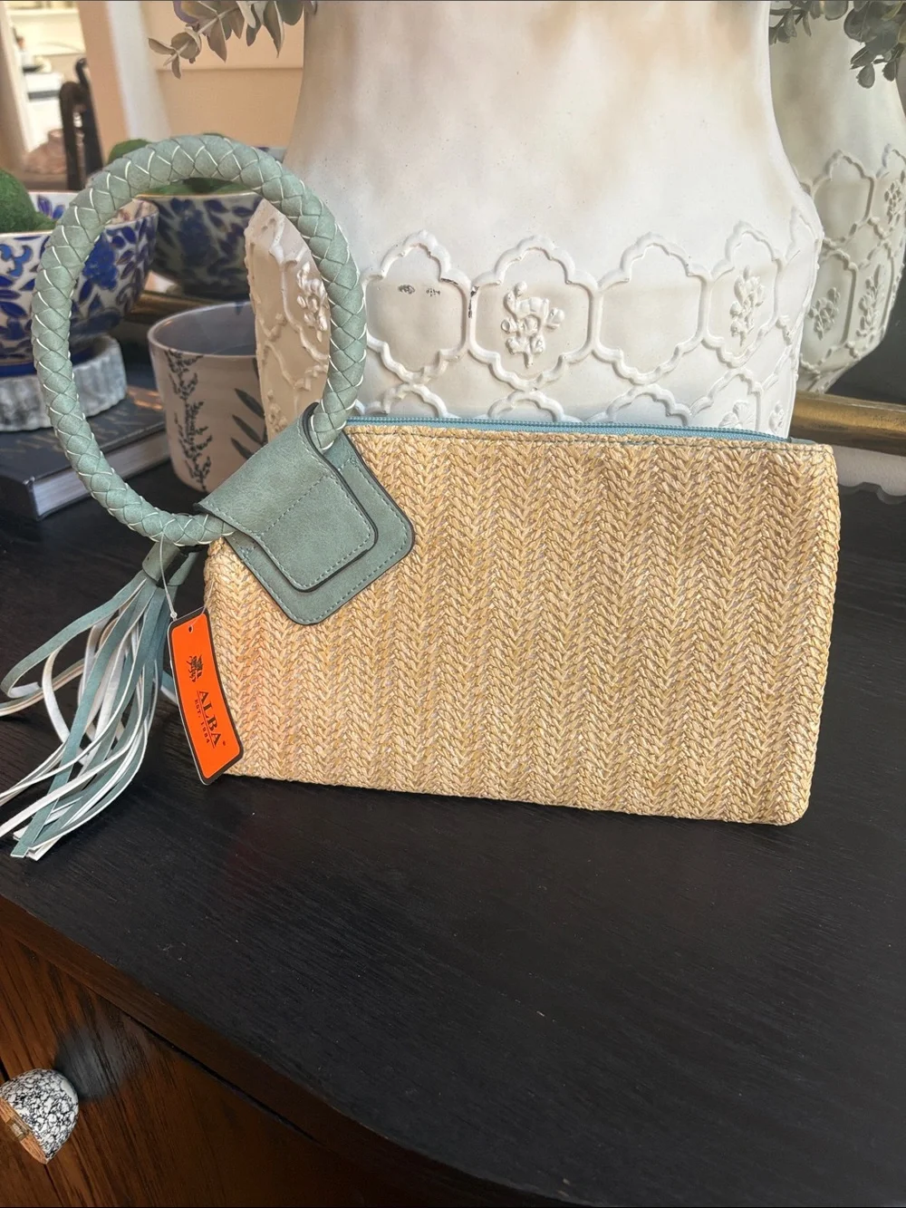 Alba Natural Straw Wristlet with Mint Braided Ring